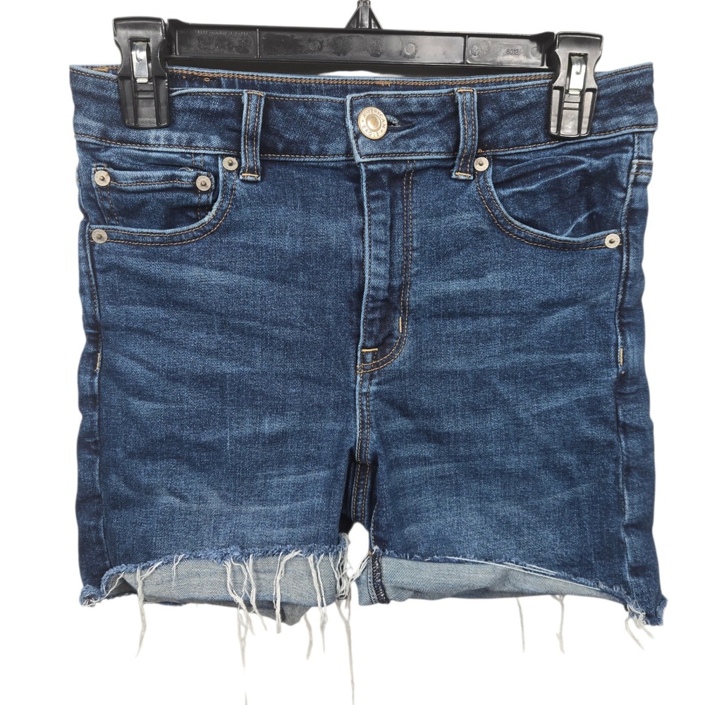 American Eagle Hi-Rise Midi Cut Off Denim Shorts Blue Super‎ Stretch Size 6